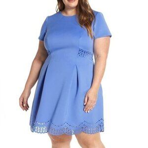 Vince Camuto Blue Laser Cut Scuba Dress Pleated Above Knee Sz 18W New